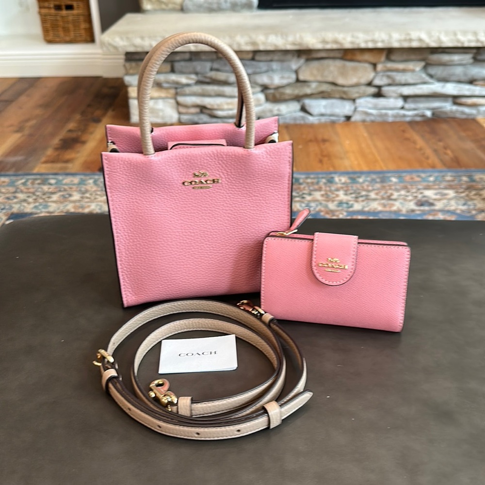 🌸 NWOT COACH Leather Mini Cally Tote w Shoulder Strap & Small Wallet